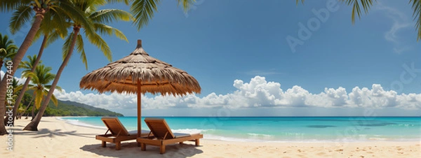 Fototapeta Travel, Beautiful Beach, and Tropical Island Concept. Digital Illustration composed with mixed media source elements. Photo, illustration, 3D Rendering and  generative AI. 