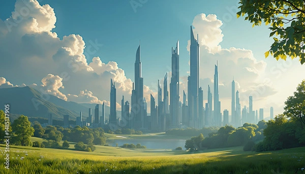 Fototapeta Futuristic city Background template. A digital image Illustration composed with mixed media source elements. Photo, illustration, 3D Rendering and  generative AI.