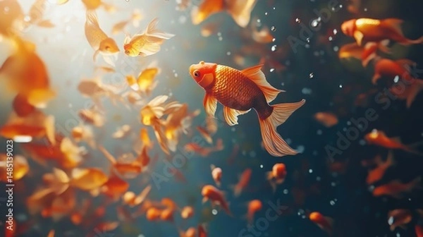 Obraz Underwater scene featuring a school of vibrant orange goldfish swimming gracefully in clear water
