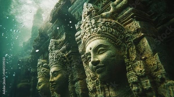 Obraz Underwater view of ancient stone carvings in a temple lost to time