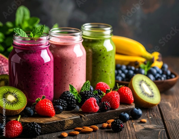 Fototapeta Dark moody smoothie setup with berries