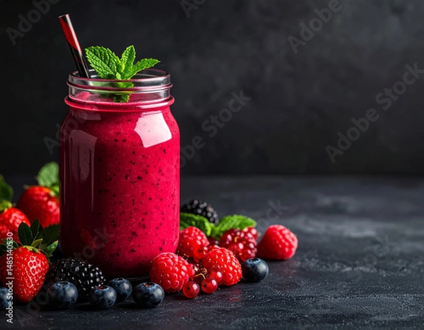 Fototapeta Dark moody smoothie setup with berries
