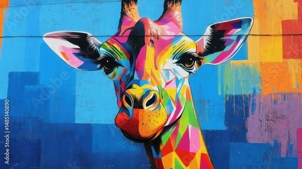 Obraz Vibrant colorful geometric graffiti art portrait of a giraffe against a painted wall
