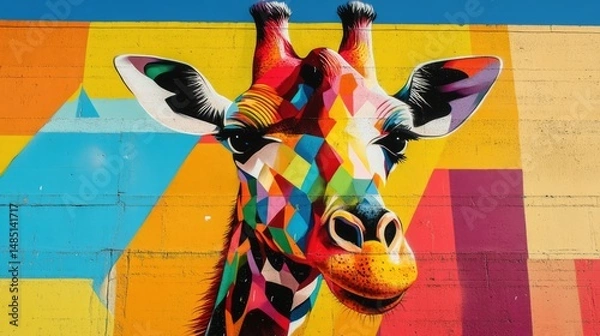 Obraz Vibrant colorful giraffe mural painting on a textured wall under a bright blue sky