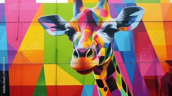 Obraz Vibrant geometric mural depicting a colorful giraffe head on a brightly colored wall