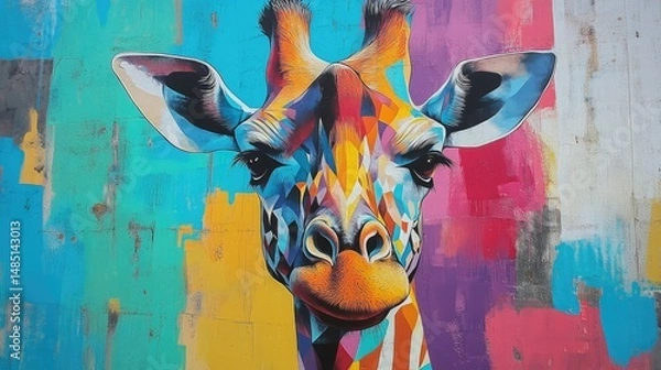 Obraz Vibrant geometric portrait of a giraffe with colorful artistic paint splashes