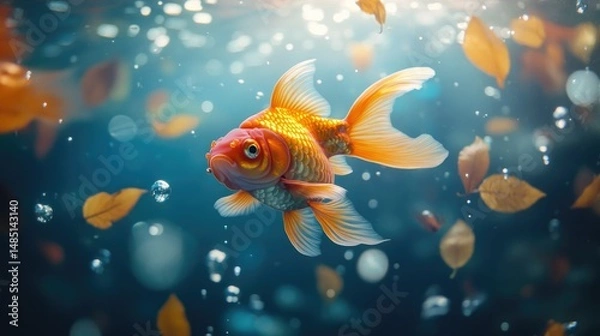 Obraz Vibrant goldfish swimming gracefully amongst falling autumn leaves and bubbles in the water