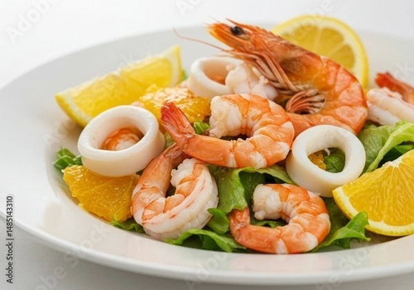 Obraz Seafood Salad with Shrimps, Squid Rings, and Citrus Fruits