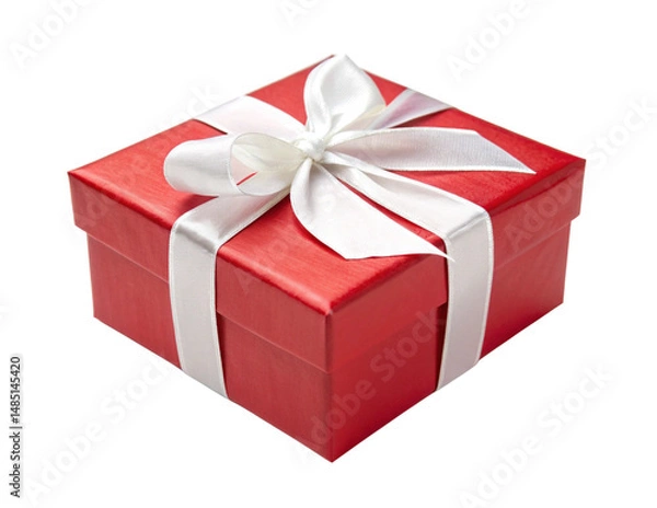 Fototapeta Red Gift Box with White Ribbon Isolated Close-up Picture With PNG, Transparency and JPEG Background
