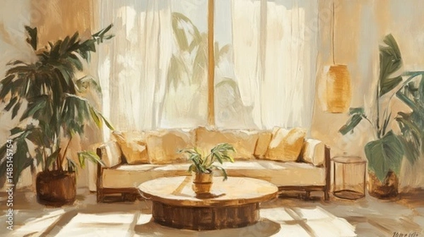 Obraz Warm and inviting interior painting of a modern living room with lush green plants and natural light