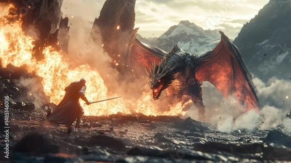 Obraz Warrior confronts a fearsome dragon amidst flames in a battle scene fantasy