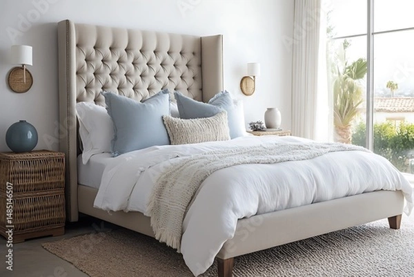 Fototapeta King Size Bed with Tufted Headboard, Blue Pillows, White Blanket, and Wicker Table