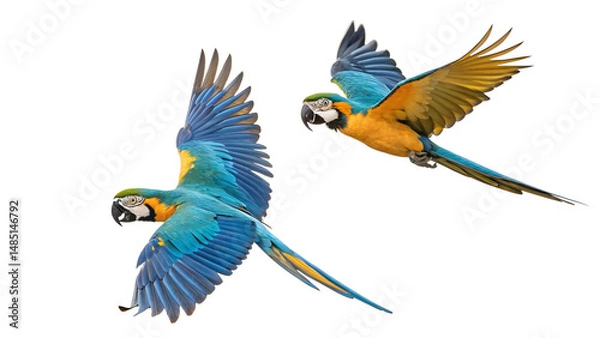 Fototapeta Two macaws flying  to the leftb Colorful Parrots Flying Together isolated on transparent background Generative Ai PNG