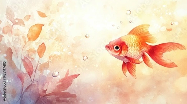 Obraz Watercolor illustration of a goldfish swimming with bubbles and delicate plant elements in an aquatic scene