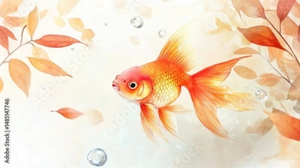 Obraz Watercolor illustration of a vibrant goldfish swimming amongst autumnal leaves and bubbles.