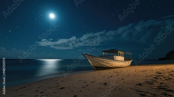 Obraz Wooden boat on beach at night under a bright moon and starry sky
