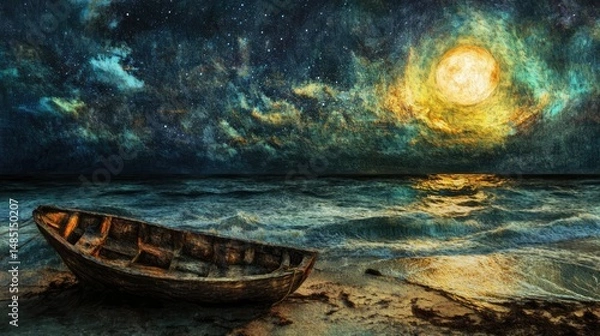 Obraz Wooden boat on shore under night sky with a bright moon reflected in the ocean