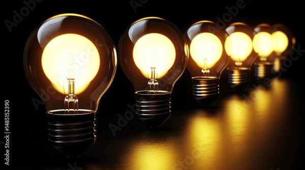 Fototapeta Rows of glowing light bulbs illuminating a dark surface in a minimalist setup