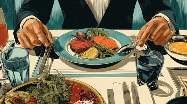 Fototapeta Business lunch, dish, fork and spoon, pop art retro vector. Restaurants and food