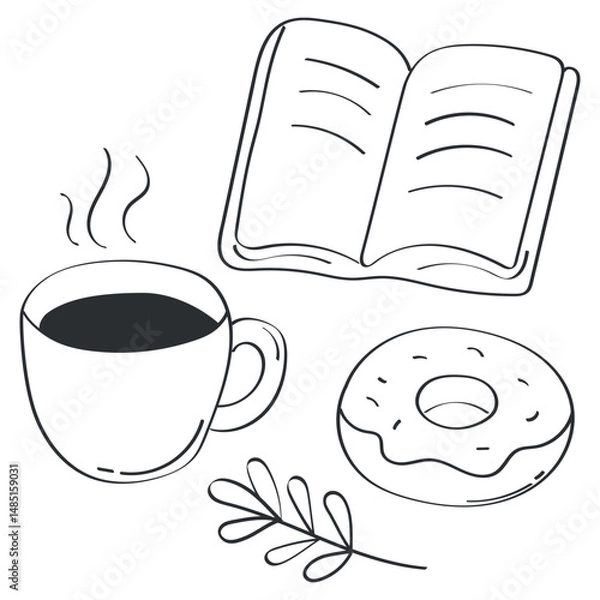 Fototapeta Vector line illustration of cozy morning scene with cup of coffee, open book, donut. Perfect for themes related to self care, reading time, slow mornings or coffee breaks
