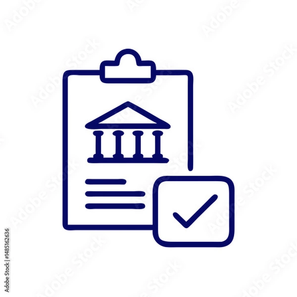 Obraz Government approval icon with clipboard and courthouse for legal forms, administrative websites, tax files and compliance visuals

