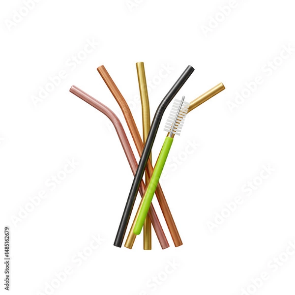 Fototapeta Colorful metal straws and cleaning brush on transparent background