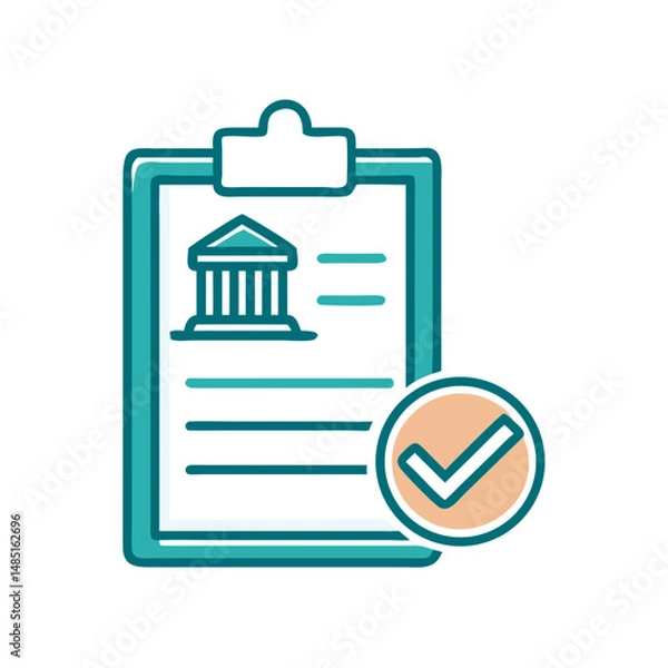 Obraz Bank document approval icon with clipboard and checkmark for legal agreements, finance apps, loan requests and government paperwork


