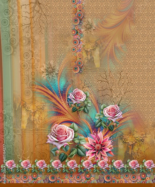 Fototapeta abstract background with flowers. digital dress soft tones and golden texture. suit design 3 pic