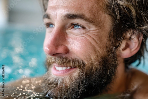 Fototapeta Man with a beard smiling while relaxing in a spa pool