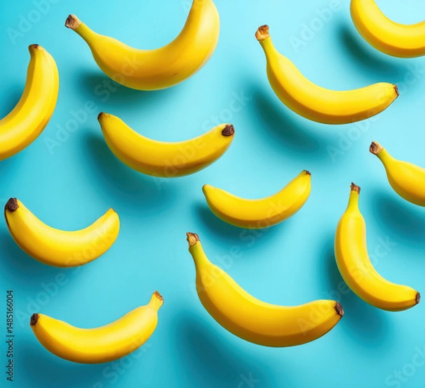 Obraz Flying bananas on a vibrant blue background creating a playful pattern