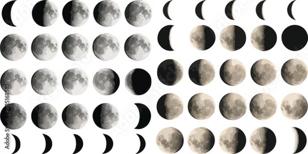 Fototapeta Vector illustration of moon phases showing waxing and waning cycles in grayscale and sepia tones, ideal for astronomy, calendar design, or educational use.