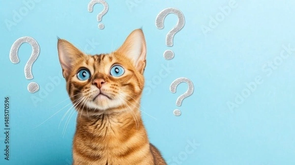 Fototapeta Charming Abyssinian cat surrounded by question marks isolated on blue background with copy space. Cute tabby cat asking
