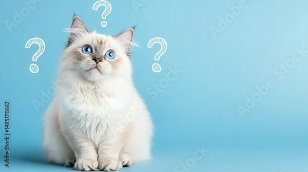 Fototapeta Charming Angora cat surrounded by question marks isolated on blue background with copy space. Cute  blue eyes cat asking