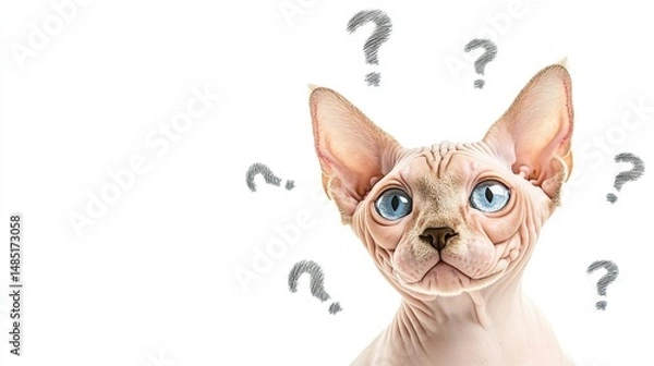 Fototapeta Charming Sphynx cat surrounded by question marks isolated on white background with copy space. Cute blue eyes cat asking