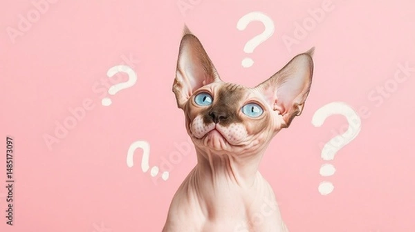 Fototapeta Charming Sphynx cat surrounded by question marks isolated on pink background with copy space. Cute blue eyes cat asking