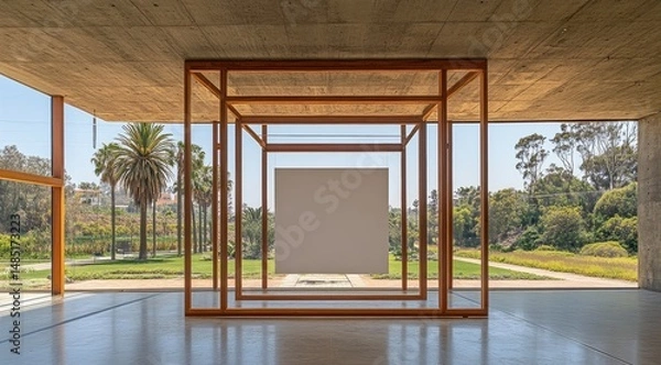 Fototapeta Modern gallery interior with a light beige backdrop