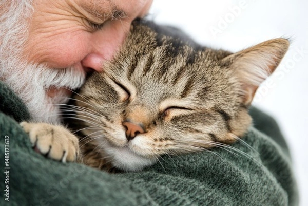 Fototapeta Elderly man lovingly cuddling a happy tabby cat on blurred background with copy space