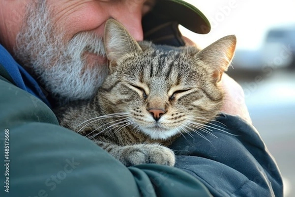 Fototapeta Elderly man lovingly cuddling a happy tabby cat on blurred background with copy space
