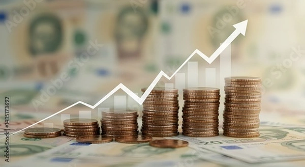 Fototapeta Growing Euro Savings: Coin Stacks and Upward Trend on Banknote Background