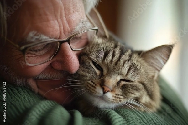 Fototapeta Elderly man lovingly cuddling a happy tabby cat on blurred background with copy space