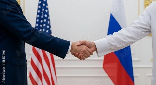 Fototapeta a handshake between two individuals, with the flags of the United States of America and Russia in the background