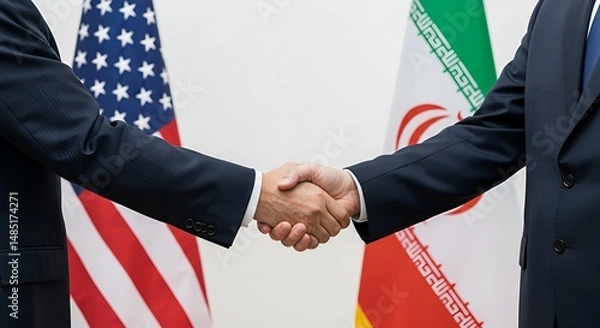 Fototapeta a handshake between two individuals, with the flags of the United States of America and Iran in the background