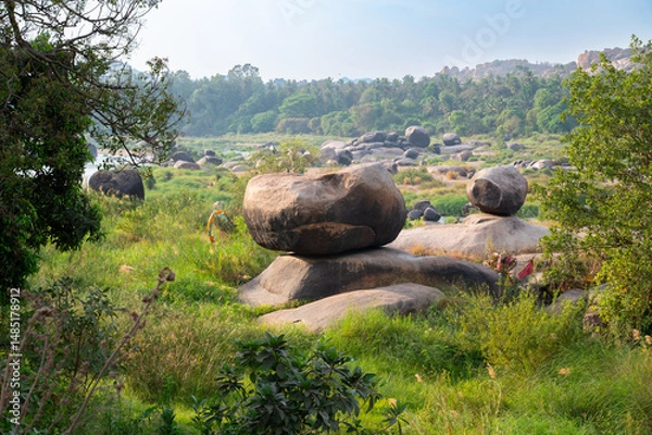 Obraz Boulder landscape of Hampi, Tungabhadra river, rocky terrain, South India, Karnataka, cyclopean granite boulders