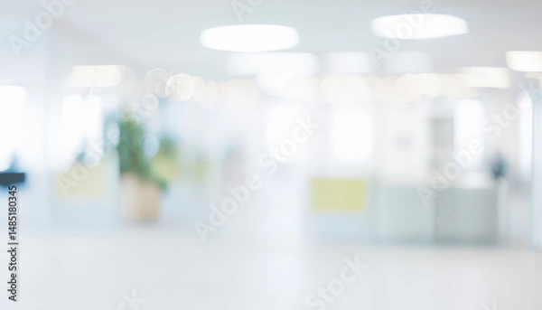 Fototapeta Blurred interior view of a bright hallway with plants and light fixtures.