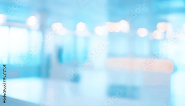Fototapeta Blurred interior background with soft blue and white tones creating a sense of space.