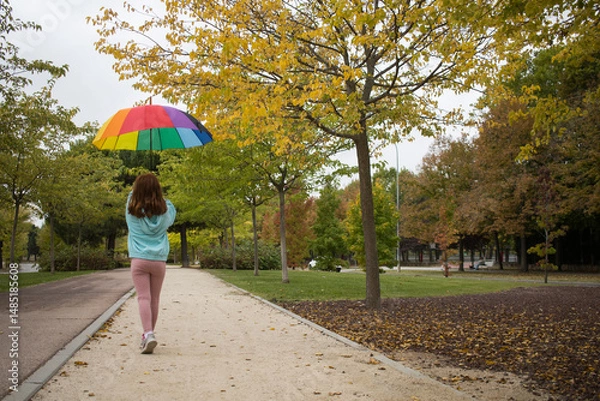 Obraz girl with umbrella walking at the rain in city autumn park, back view with copy space. Horizontal