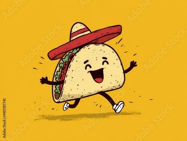 Fototapeta Cartoon taco running with a sombrero.