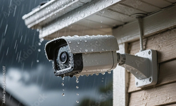 Obraz Weatherproof Security Camera Under Heavy Rainfall Mounted on Beige Exterior Wall Demonstrating Water Resistance
