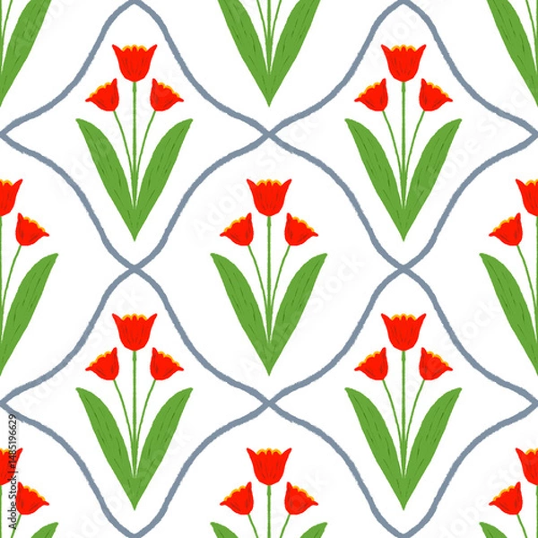 Fototapeta Tender seamless pattern with tulips on white background. Elegant Endless Design ideal for Fabric, Wrapping Paper. spring summer Garden.