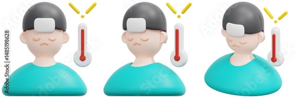 Fototapeta Set of Stylized Avatars with High Fever and Thermometers 3d Render Icon Illustration